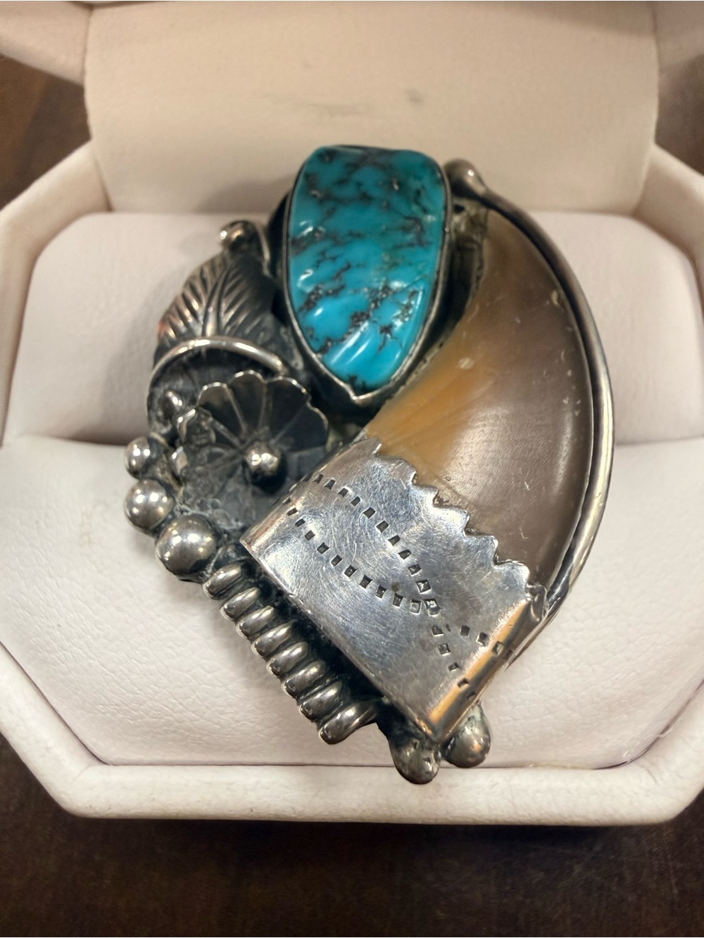 Navajo Sterling Silver Turquoise and Bear claw Statement Ring - Jewelry
